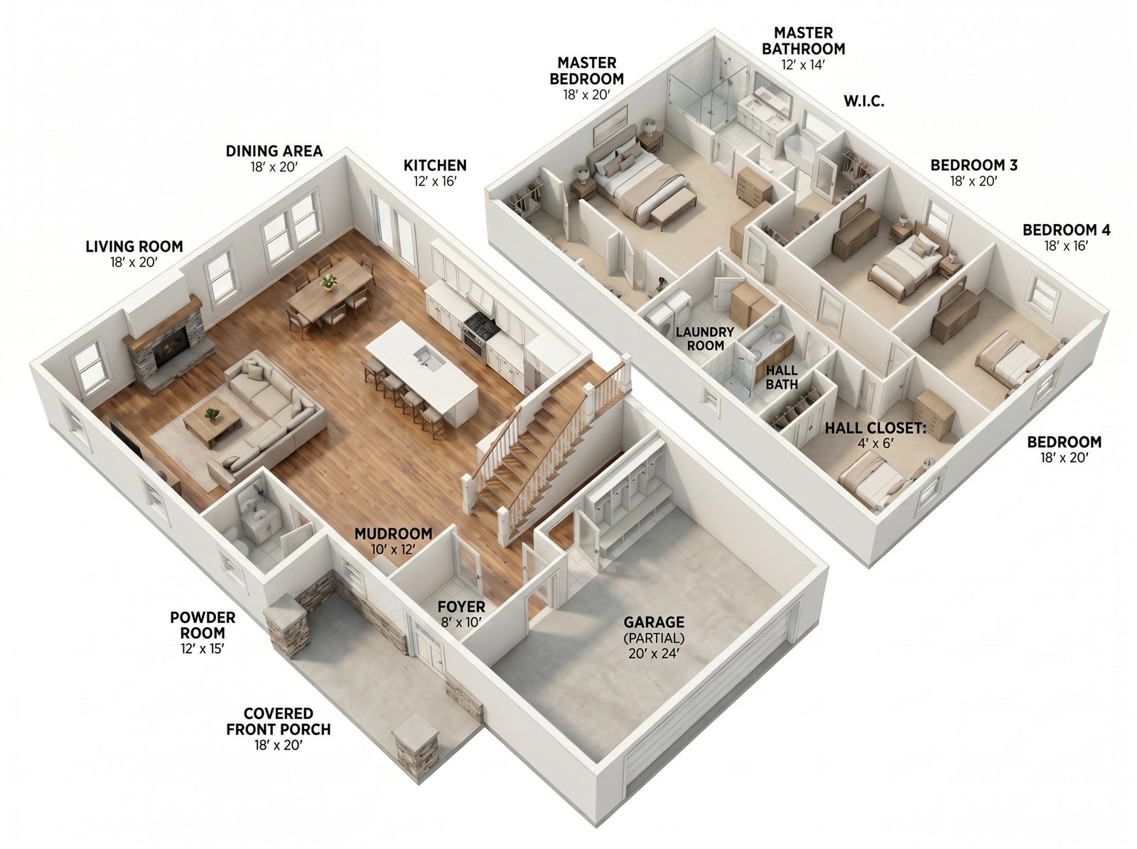 3D isometric floor plan of a two-story home showing main level (living room, kitchen, dining, mudroom, powder room, garage, covered porch) and upper level (master suite with walk-in closet, three additional bedrooms, full bath, laundry room) with room labels and dimensions