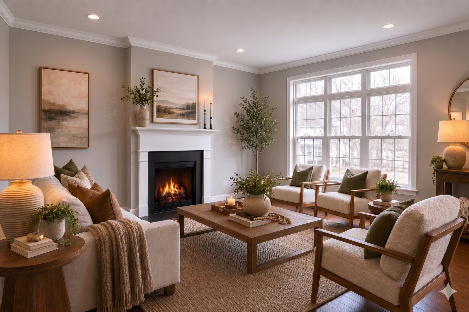 Living room virtually staged with sofa, accent chairs, coffee table, plants, and decor