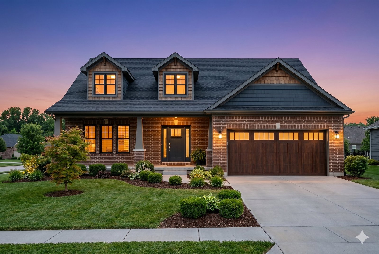 Craftsman home at twilight with warm glowing windows, porch light, and dramatic blue-and-orange sky