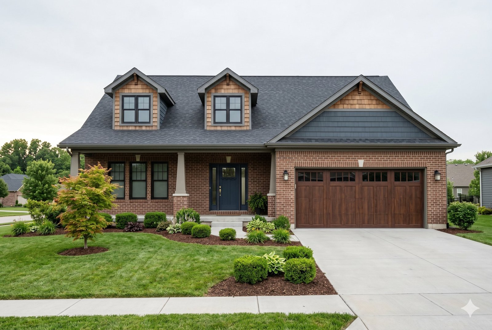Same craftsman home in daytime with bright sky and dark windows